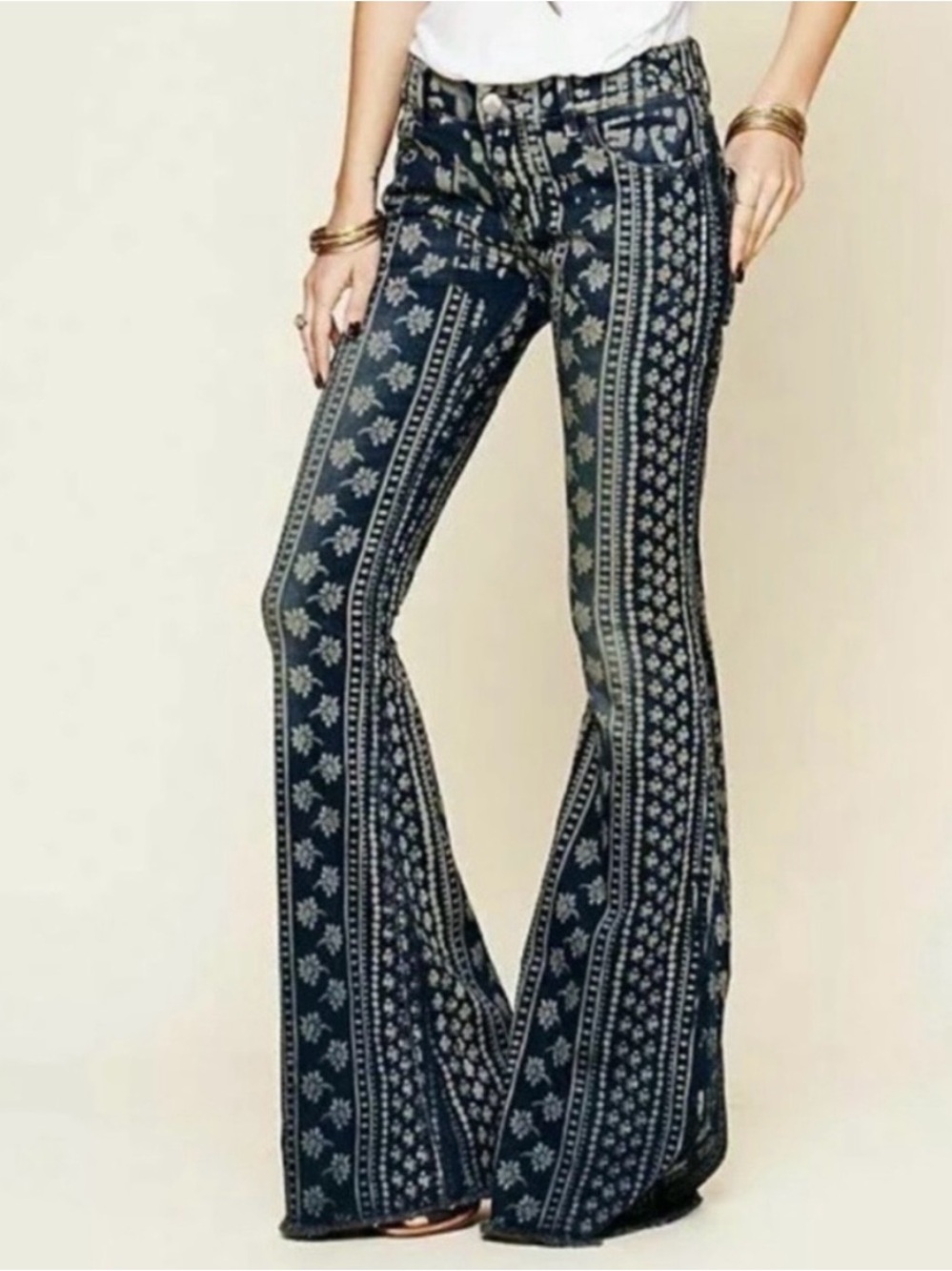 Free People Mantra Flare Bell Bottom Print Jeans 27